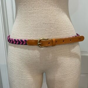 Vineyard Vines Pink and Navy Braided Belt with Tan Leather Trim